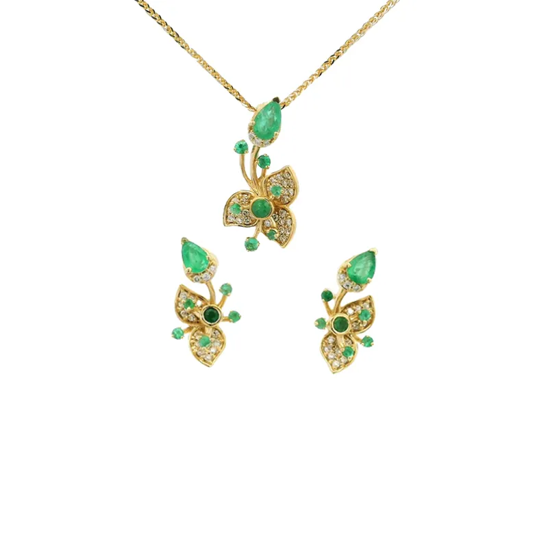 Emerald Diamond Pendant Set - Floral