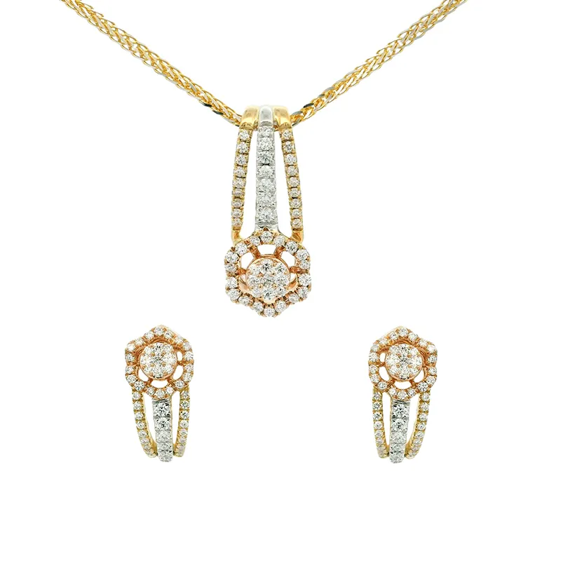 Elegant Floral Diamond Pendant Set - Tricolor Gold