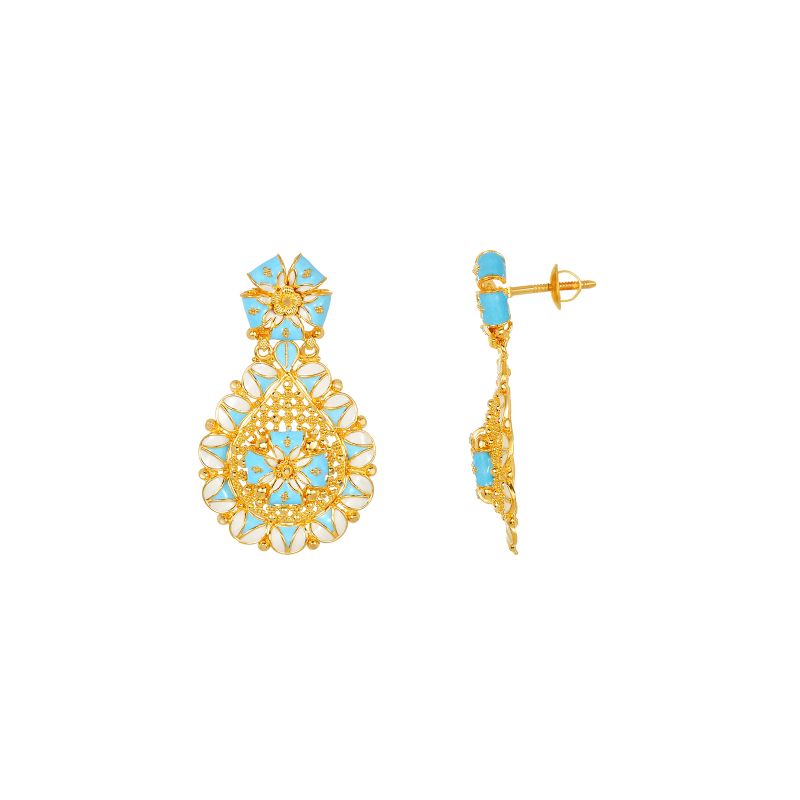 22K Yellow Gold Teardrop Pendant and Earring Set with enamel in turquoise color