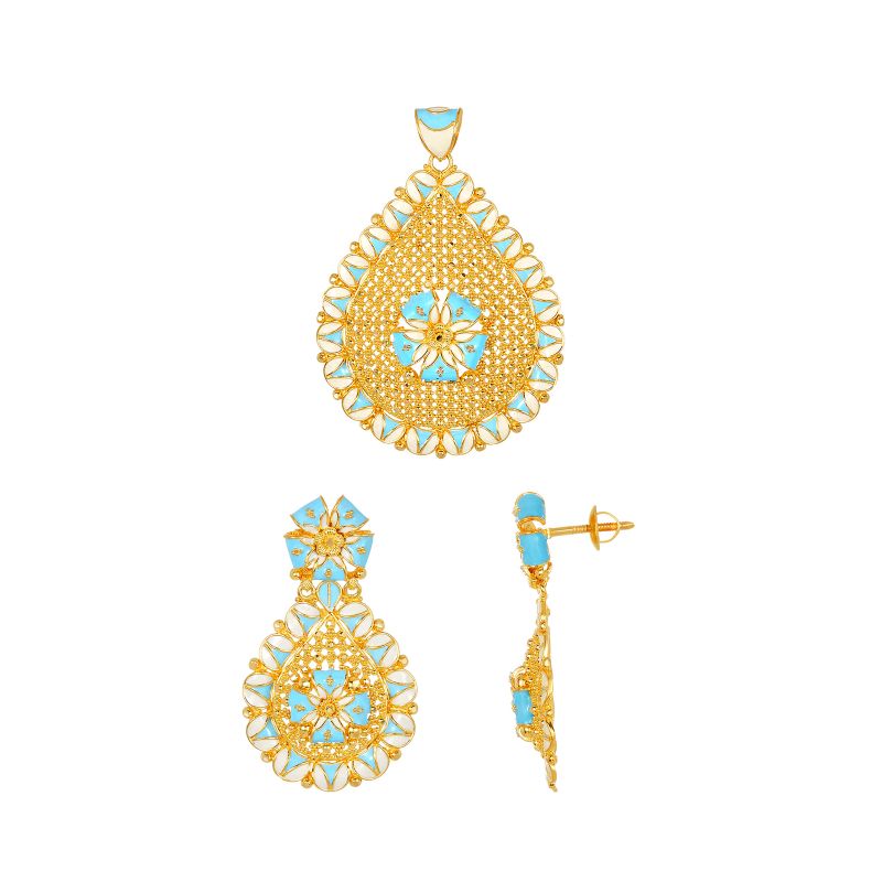 22K Yellow Gold Teardrop Pendant and Earring Set with enamel in turquoise color