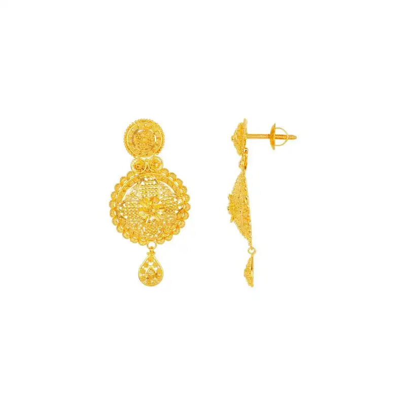 22K Gold Floral Disc Drop Necklace and Earring Set