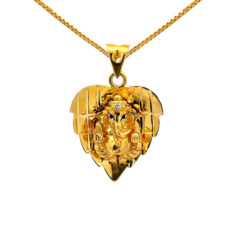 Lord Ganesh 22K Gold Pendant - Leaf shaped