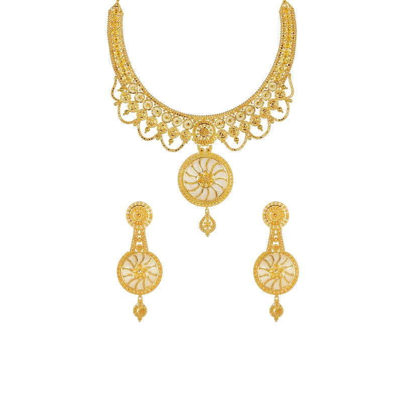 22K Gold Scallop Necklace and long hanging Earring Set