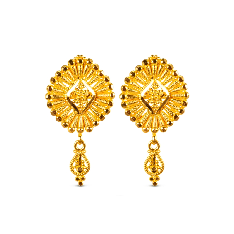 22K Yellow Gold Pendant Earrings Set, Fan-shaped