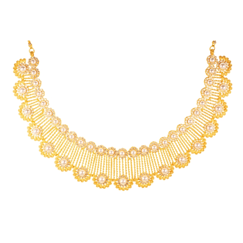 Floral 22K Gold Necklace Earrings Set with Pearls