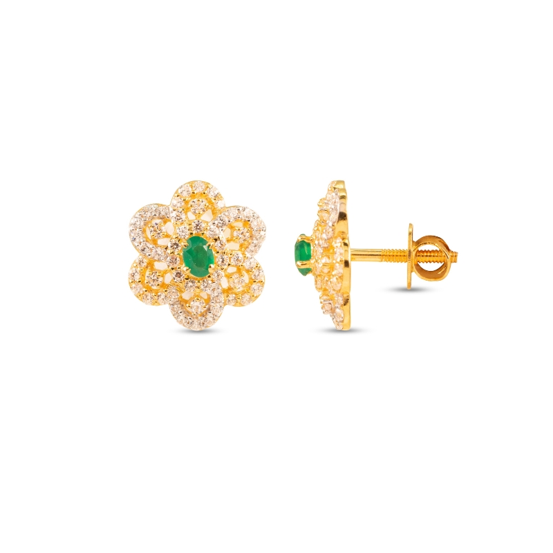 Floral 22K Gold Earrings with green centre
