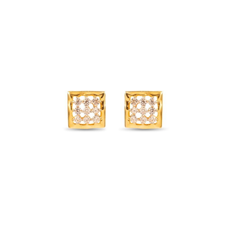 Square Ear Studs in 22K Yellow Gold with CZ