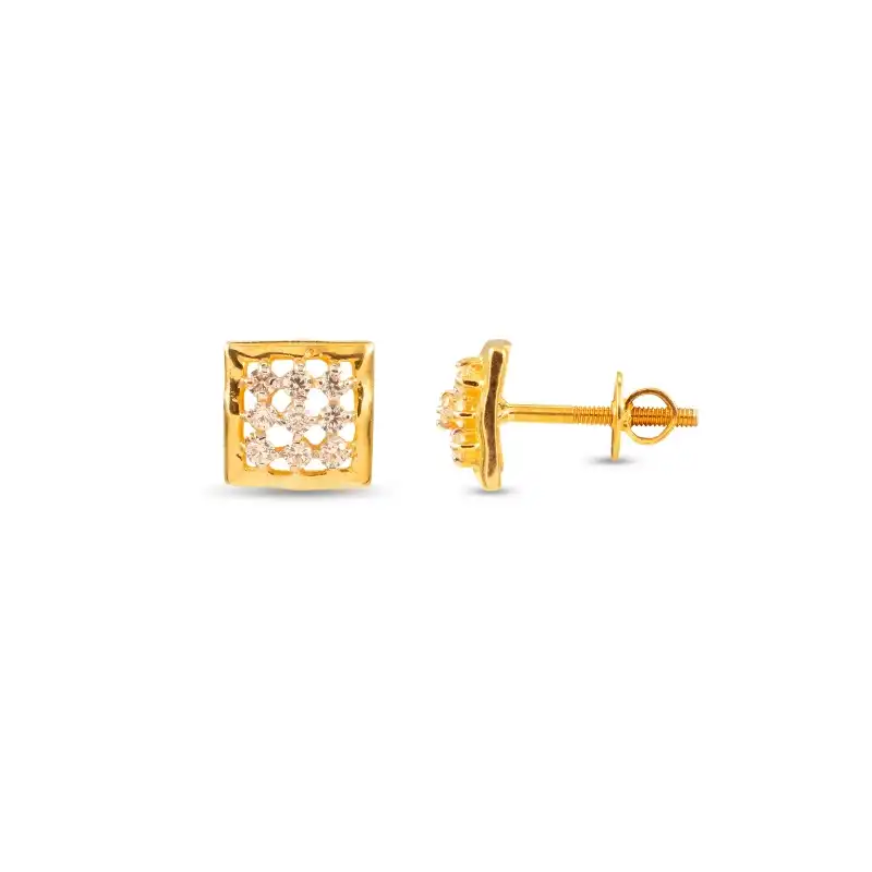 Square Ear Studs in 22K Yellow Gold with CZ