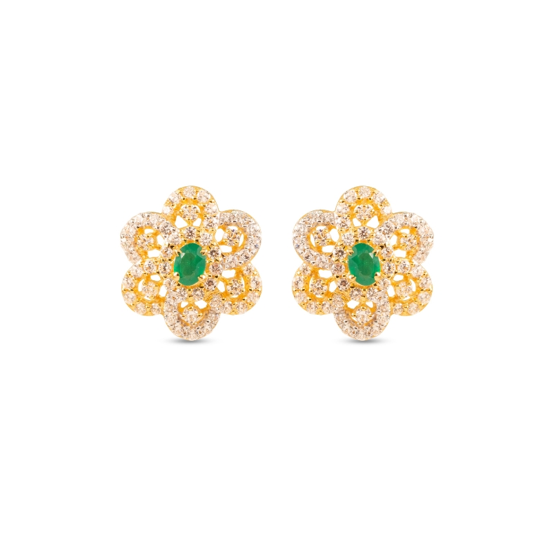 Floral 22K Gold Earrings with green centre