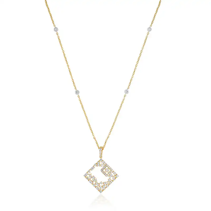 18K Gold Diamond Pendant Set, square