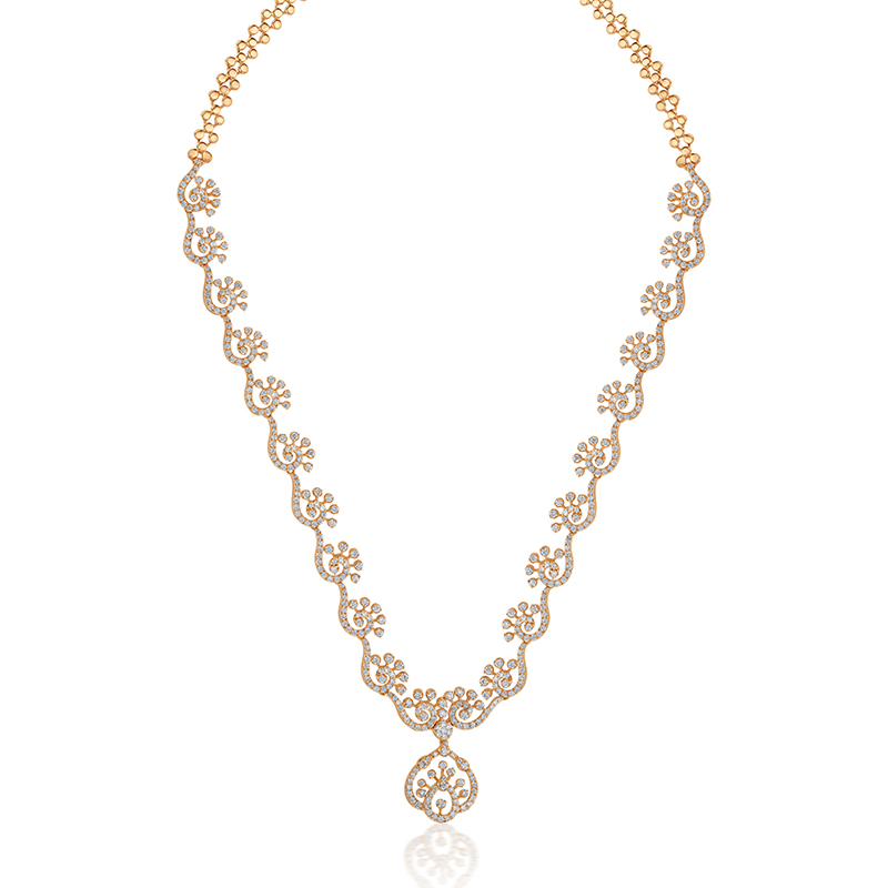 Rose Gold, curved Fan Spiral Diamond Necklace Set