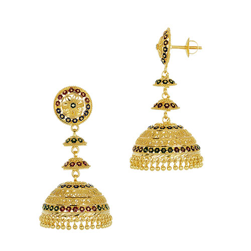 22k Yellow Gold Multicolor Beaded Jhumka Earrings