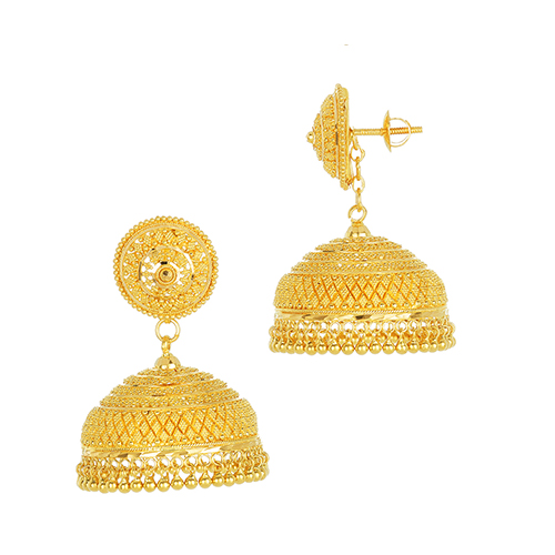 22k Yellow Gold Crosshatch Beaded Jhumka Earrings