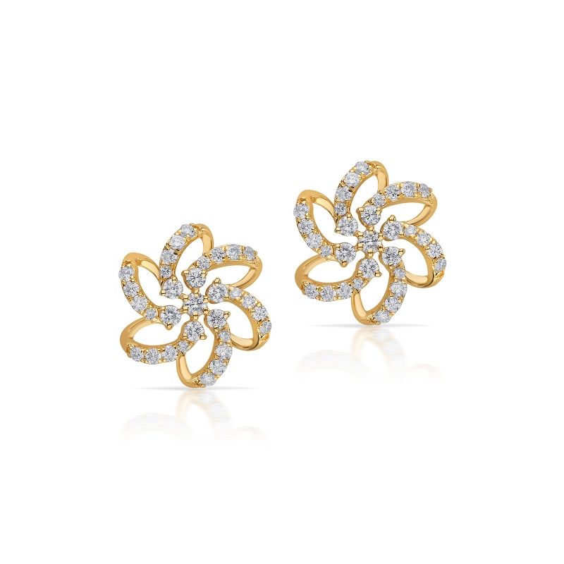 18K Yellow Gold Diamond Floral Spiral Stud Earrings