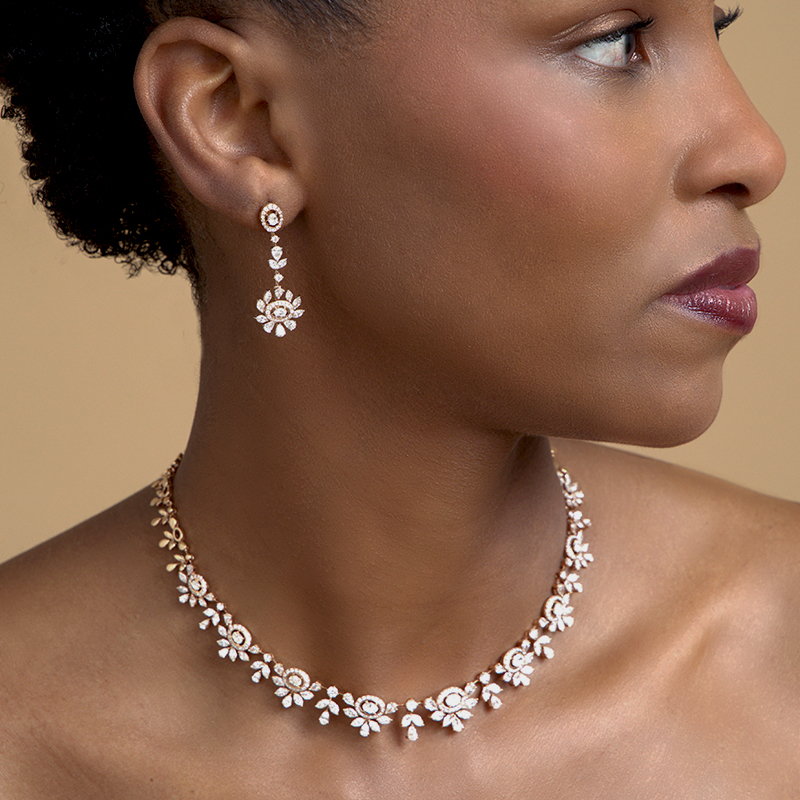 Gorgeous Drop Shape Black Diamond Necklace With Matching Dangler Earrings.  AAA Certified! Designer Collection & Great Sparkle | ZeeDiamonds