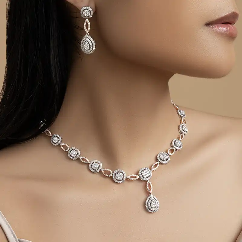 Cushion and Drop Diamond Necklace Set NE-2419
