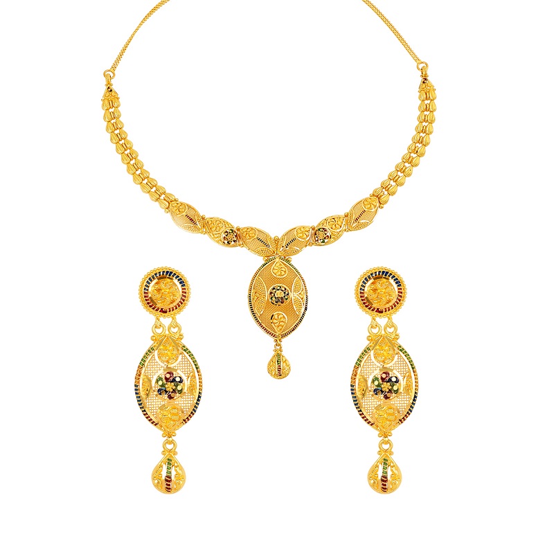 22k Yellow Gold Minakari Patterned Set of necklace and earrings