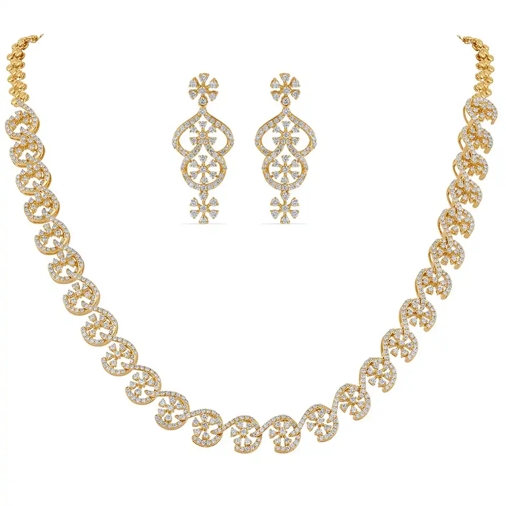 18K Yellow Gold Diamond Floral Spiral Necklace Set