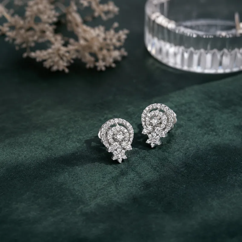 18K White Gold Diamond Floral Spiral Stud Earrings