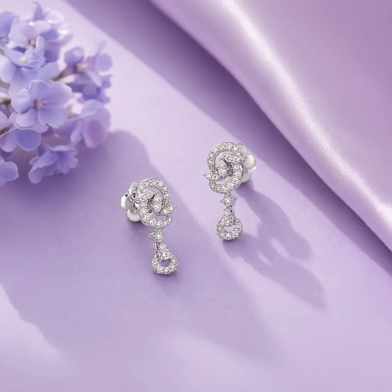 18K White Gold Diamond Spiral Drop Earrings