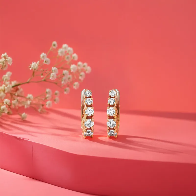 18K Gold Diamond Huggies Earrings - 0.5 inch