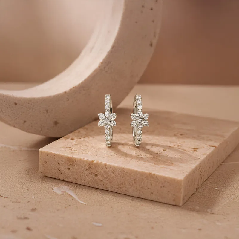 Elegant Diamond Flower Earrings - Huggies