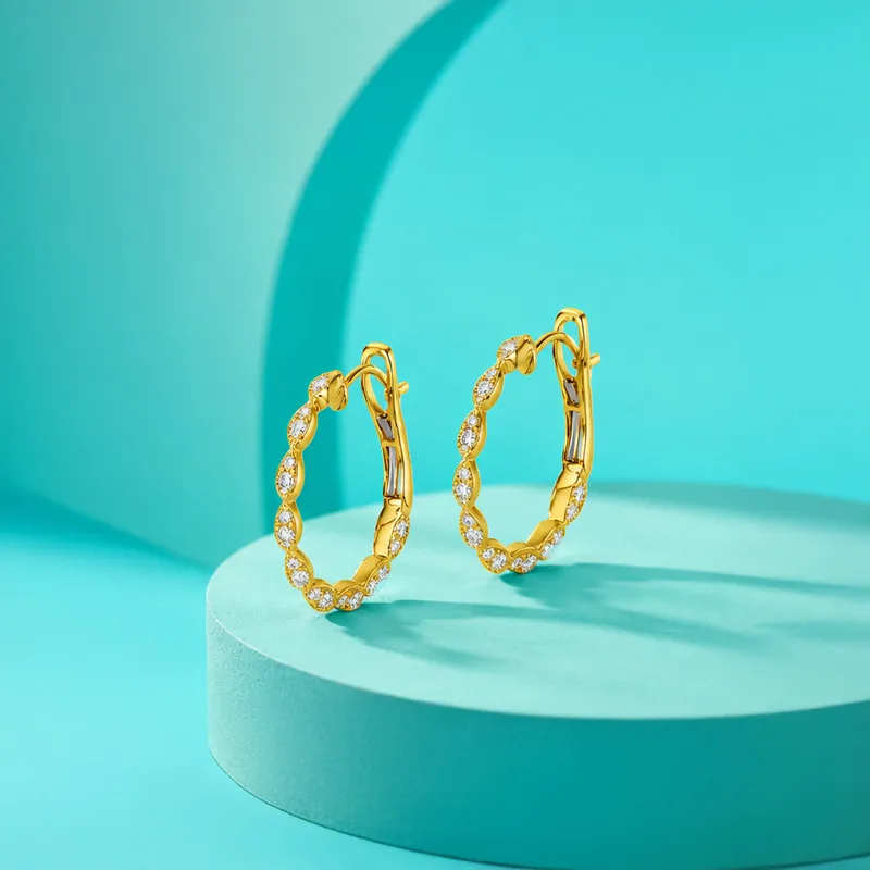 18K Yellow Gold Diamond Swirl Huggies Earrings