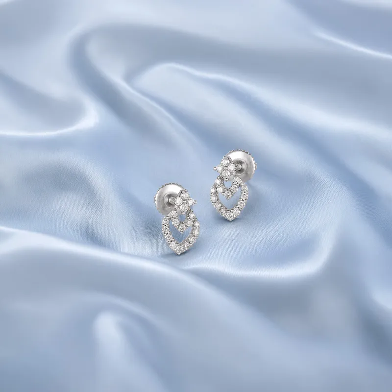 18K White Gold Diamond Floral Accent Eardrop Stud Earrings