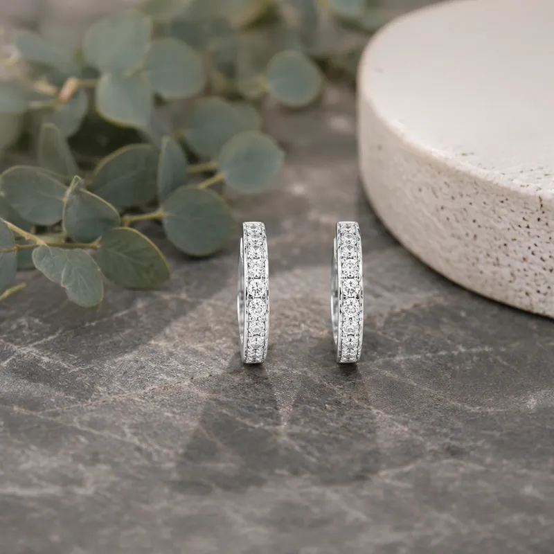 18K White Gold Diamond Huggies Earrings