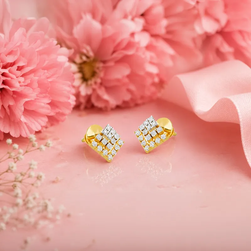 18K Two tone Gold Diamond Rhombus Pave Stud Earrings