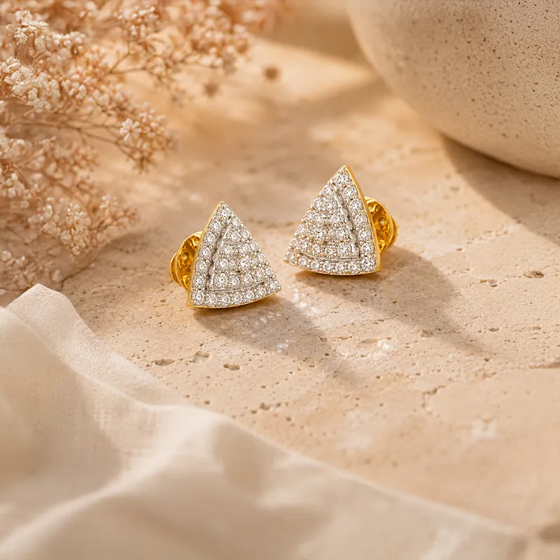 18K Two tone Gold Diamond Triangular Pave Stud Earrings