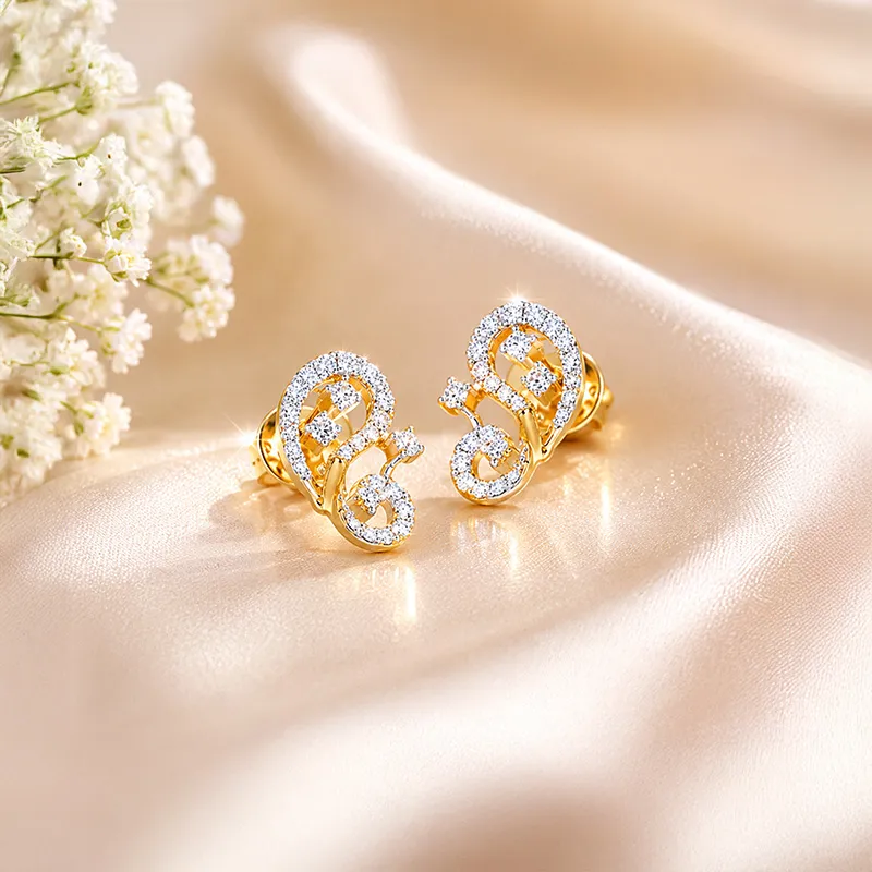 18K Two tone Gold Diamond Elegant curved Stud Earrings