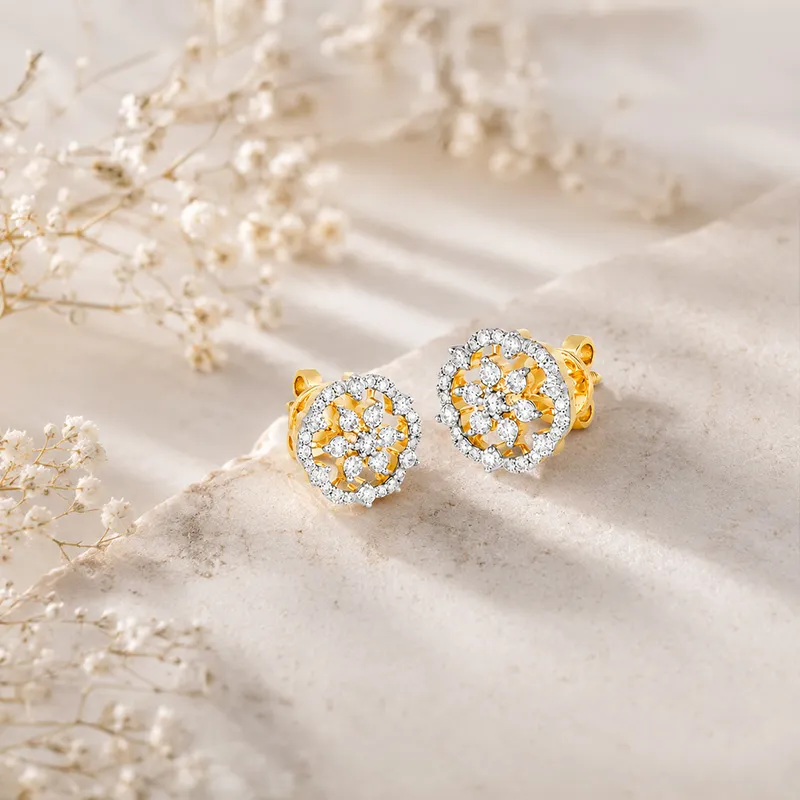 18K Two tone Diamond Floral Stud Earrings