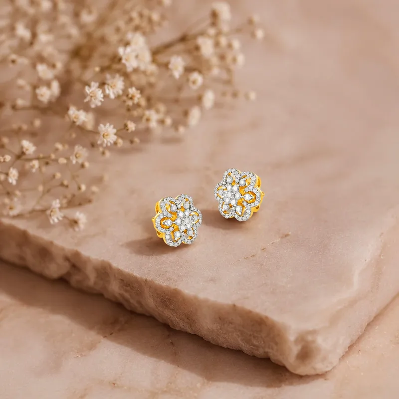 18K Two tone Diamond Pinwheel Floral Stud Earrings