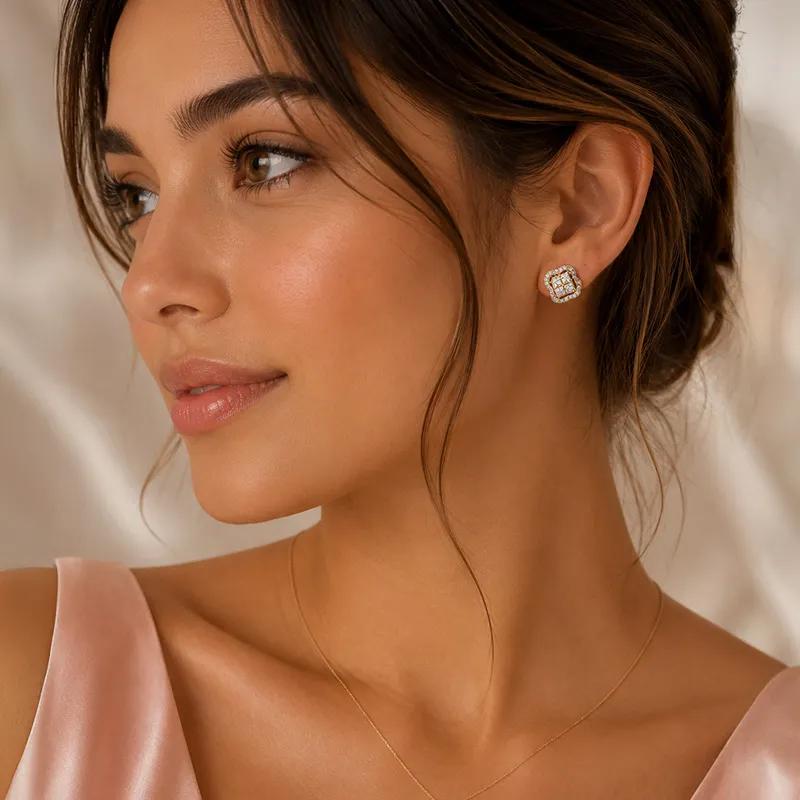 18K Two tone Gold Diamond Clover Stud Earrings