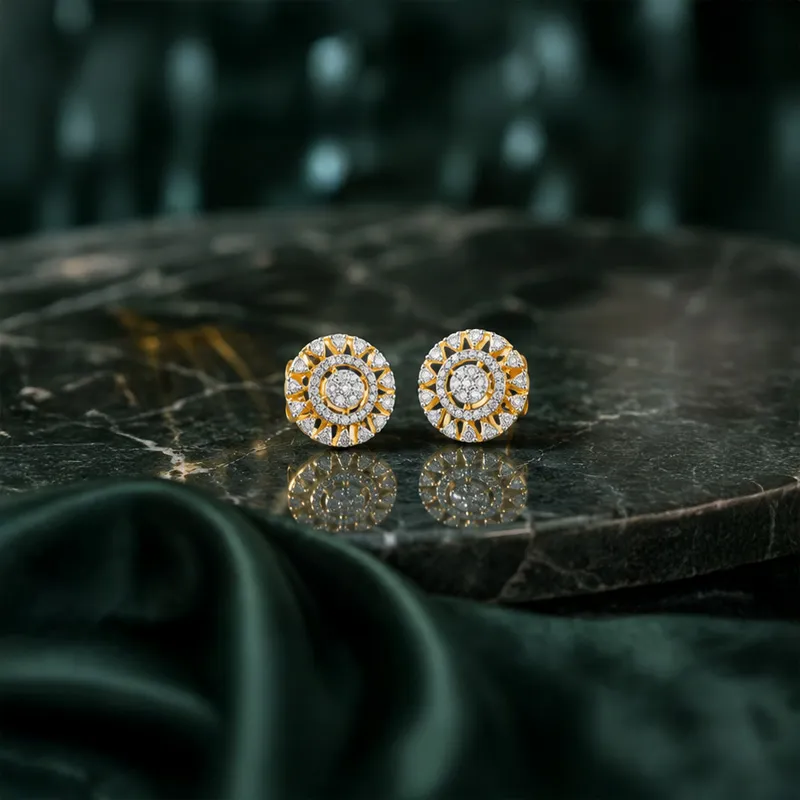 18K Two tone Gold Diamond Round Stud Earrings