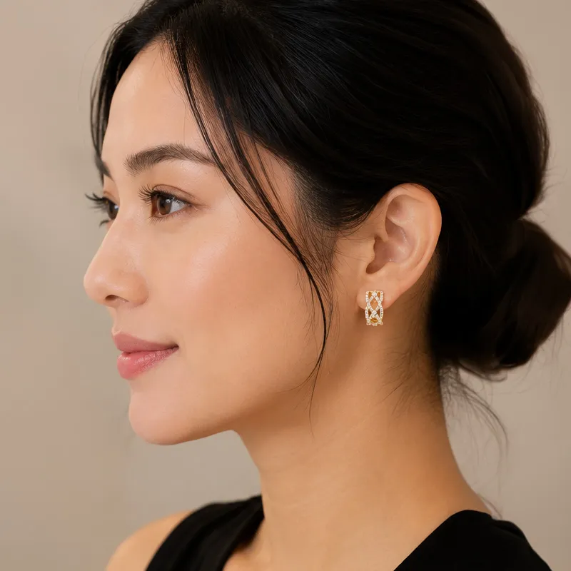 18K Gold Diamond Huggies Earrings - 0.7 inch