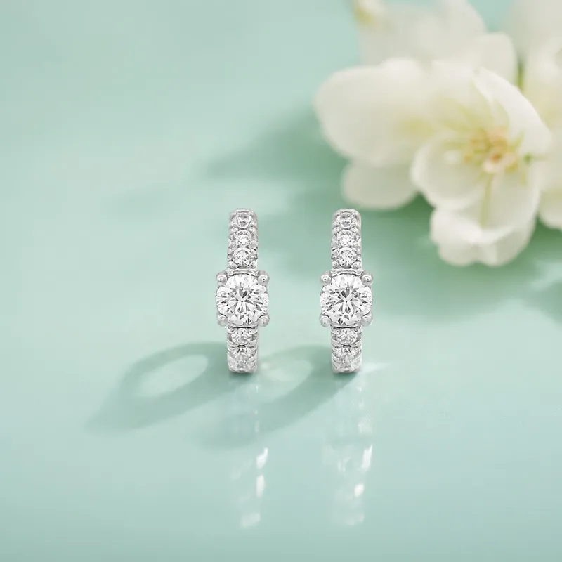 18K White Gold Diamond Huggie Earrings -0.60 inch