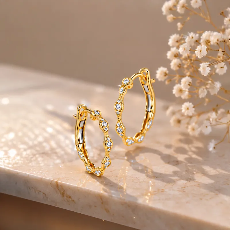 18K Yellow Gold Diamond Swirl Huggies Earrings