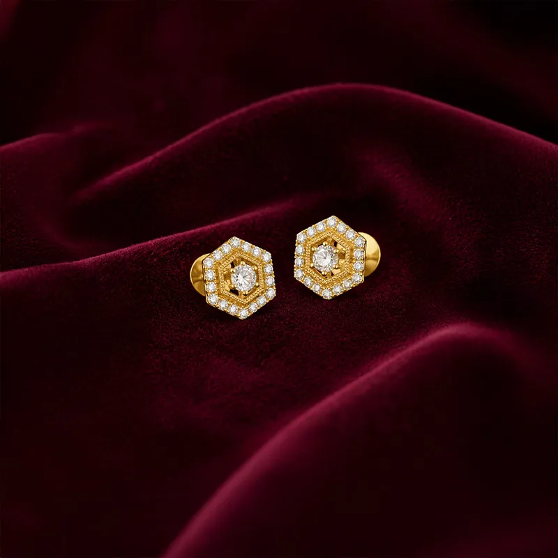 18K Yellow Gold Diamond Hexagon Stud Earrings